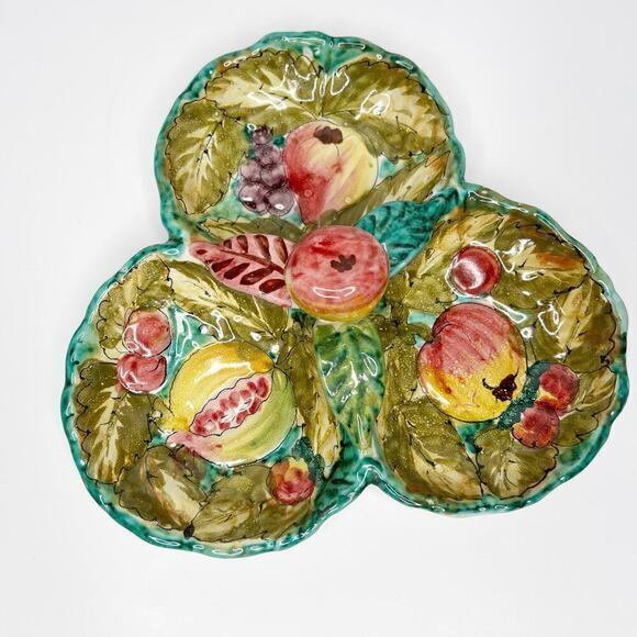 Vintage Italian Hand Painted Pottery Majolica Fruits Leaves Divided Serving Dish - Picture 1 of 13